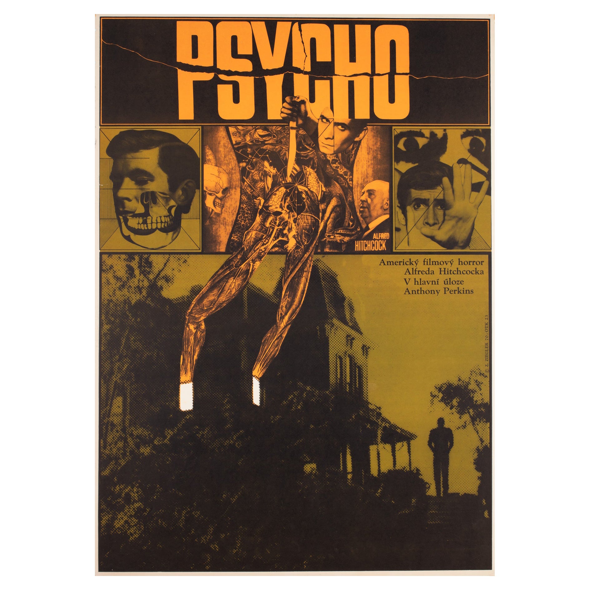 Affiche A1 tchèque du film Phycho, 1970, Hitchcock