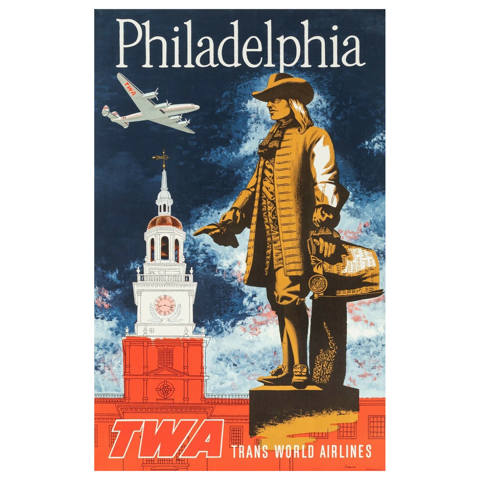 Original Twa Poster-Swanson-Philadelphia Liberty Bell Lockheed Constellation, c. For Sale