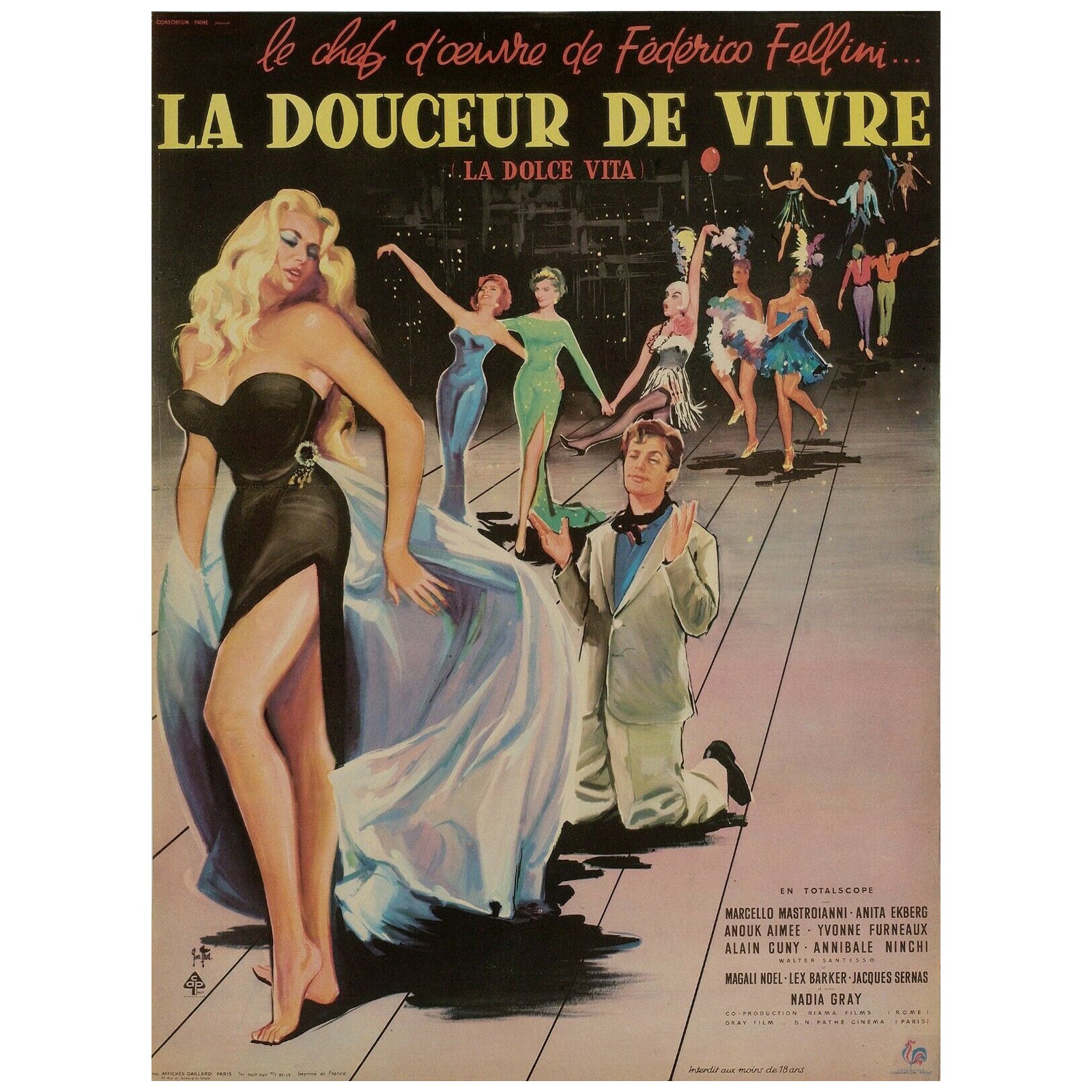 Yves Thos, Original French Movie Poster, La Dolce Vita Rome Italy , Fellini, 1960 For Sale