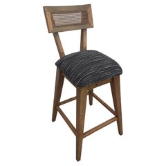 Mid-Century Modern Cane Back Barstool with Upholstered Seat