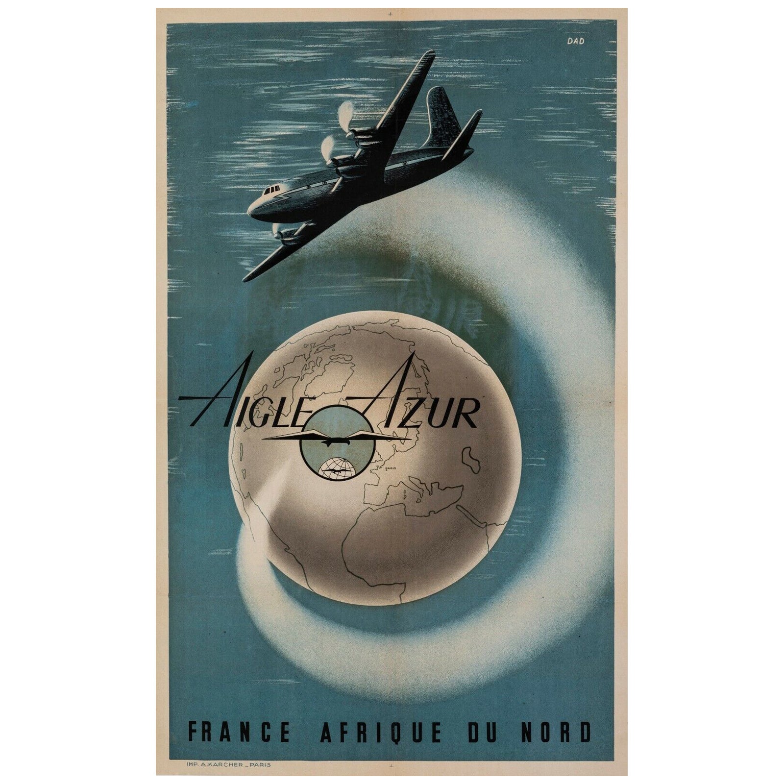 Vintage Airline Poster-Dad-Aigle Azur-France-North Africa Algeria, 1950 For Sale