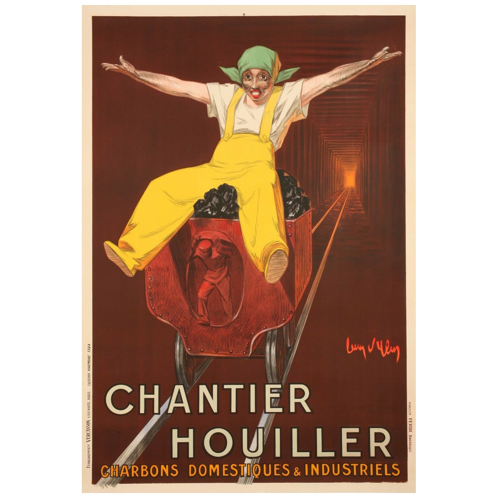 Original Vintage Poster-Jean D'Ylen-Charbon-Commodity-Mining-Rail, 1924 For Sale