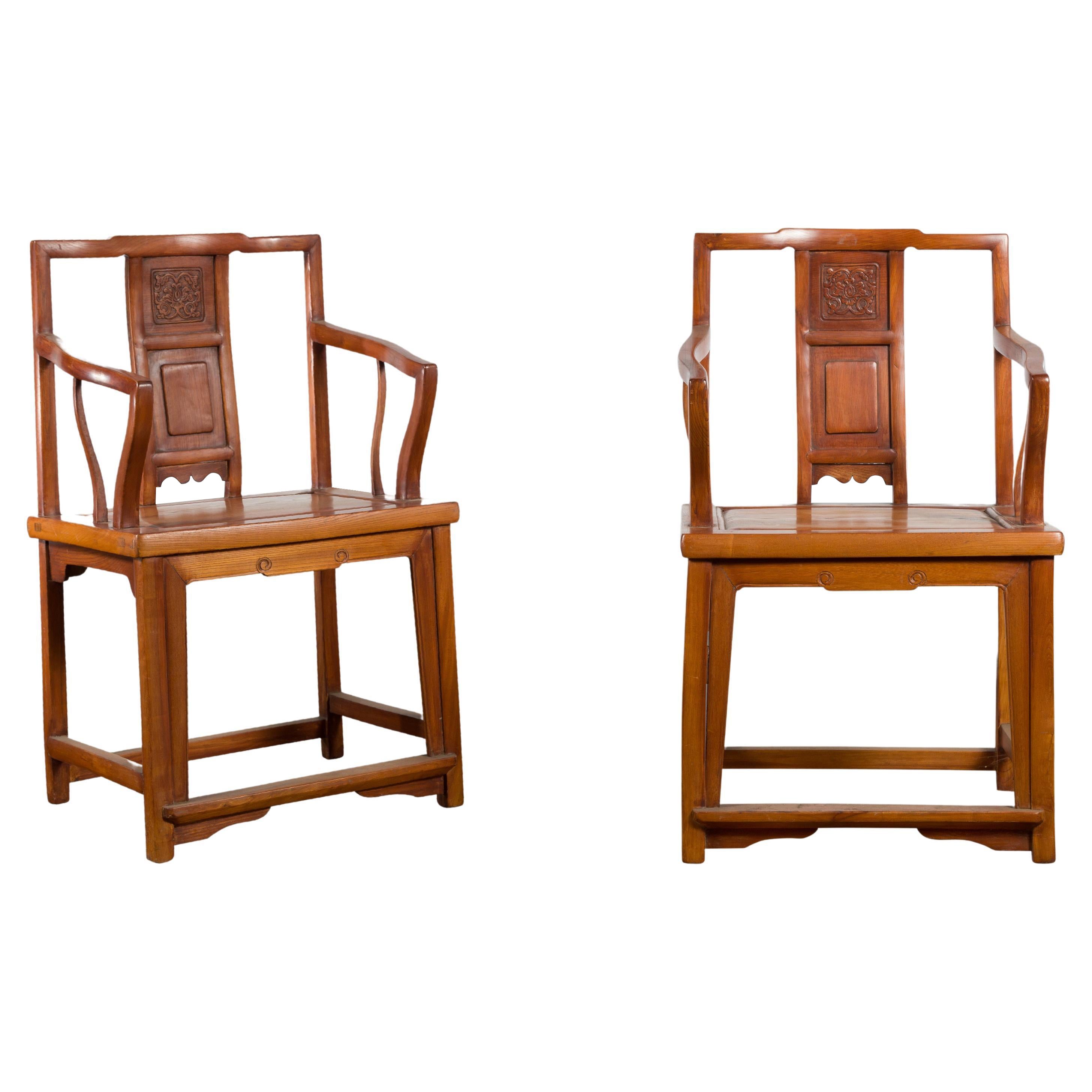 Pair of Qing Dynasty Carved and Lacquered Elmwood Armchairs