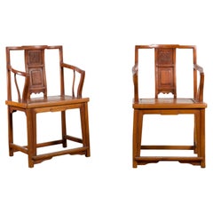 Pair of Qing Dynasty Carved and Lacquered Elmwood Armchairs