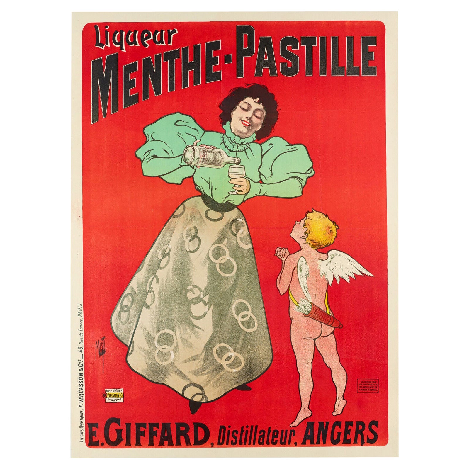 Misti, Original-Alkoholzplakat aus der Belle Epoque, mintfarbener Likör, Amor / Engel, 1895