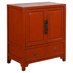 Qing Dynasty 19th Century Red Lacquer Cabinet with Doors and Drawers