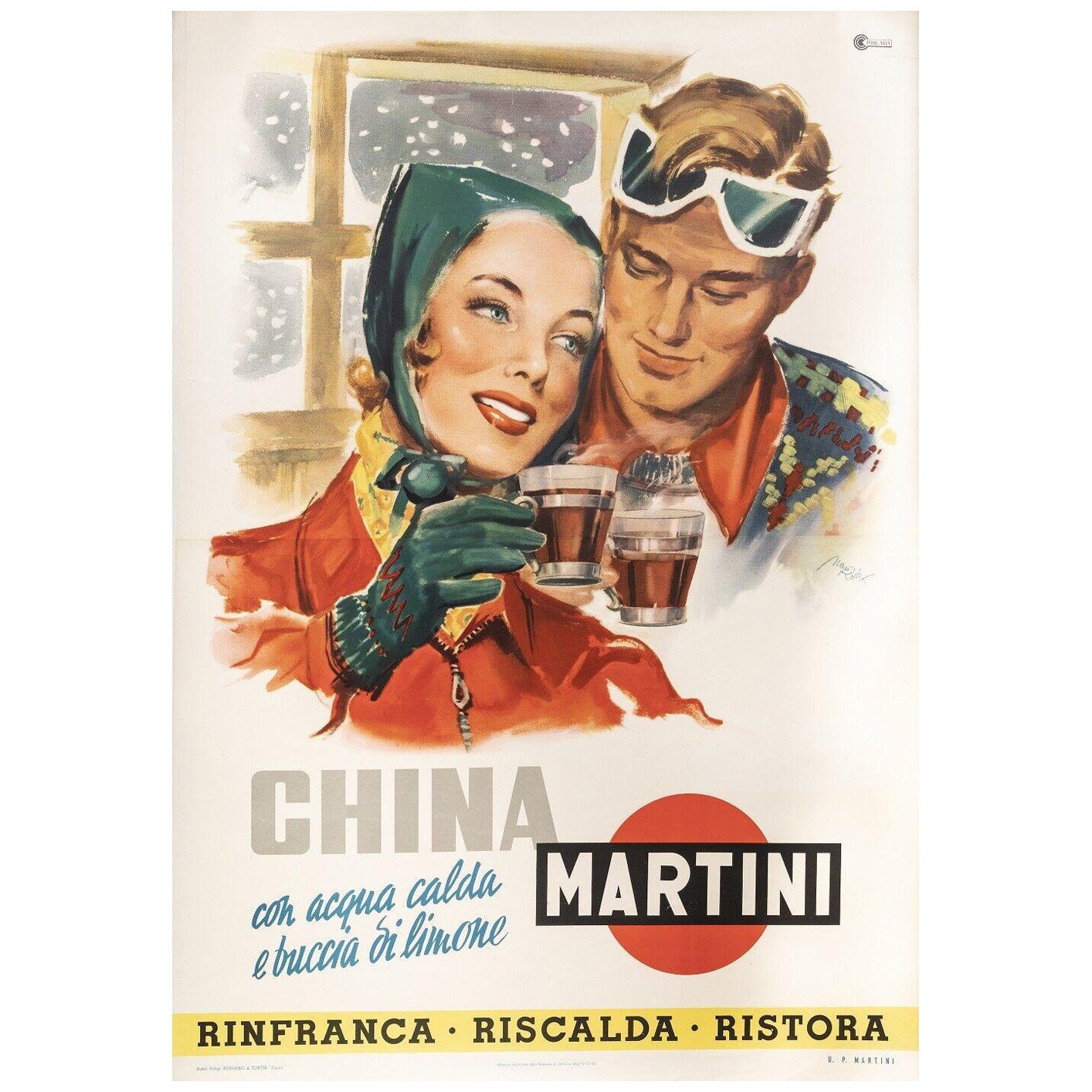 Affiche italienne originale vintage Rosesi M.-China Martini-Quinquina-Ski, 1950 en vente