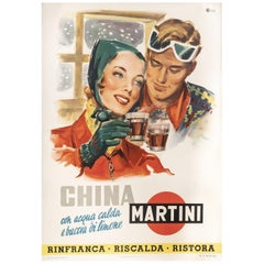 Cartel original italiano de época-Rossi M.-China Martini-Quinquina-Esquí, 1950