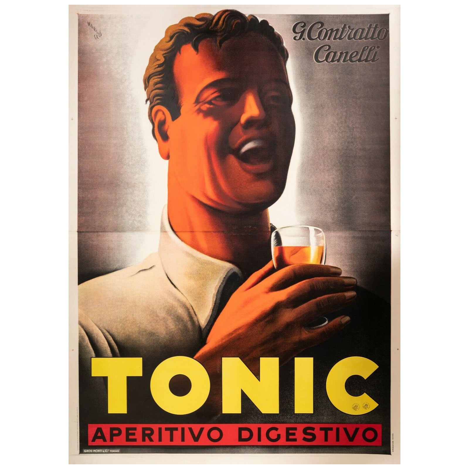 Mario Gros, affiche italienne originale d'époque, Théière tonique, Contratto, 1938 en vente