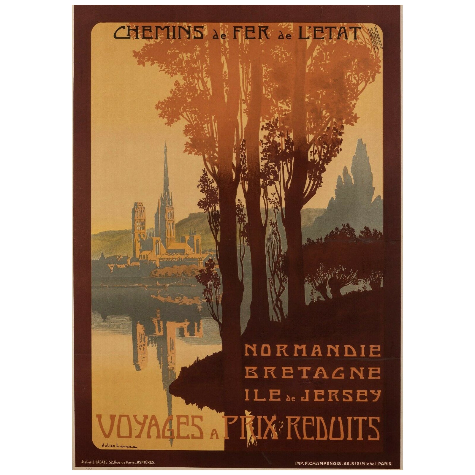 Affiche rétro originale de voyage - J. Lacaze-Normandie-Bretagne-Jersey, vers 1910