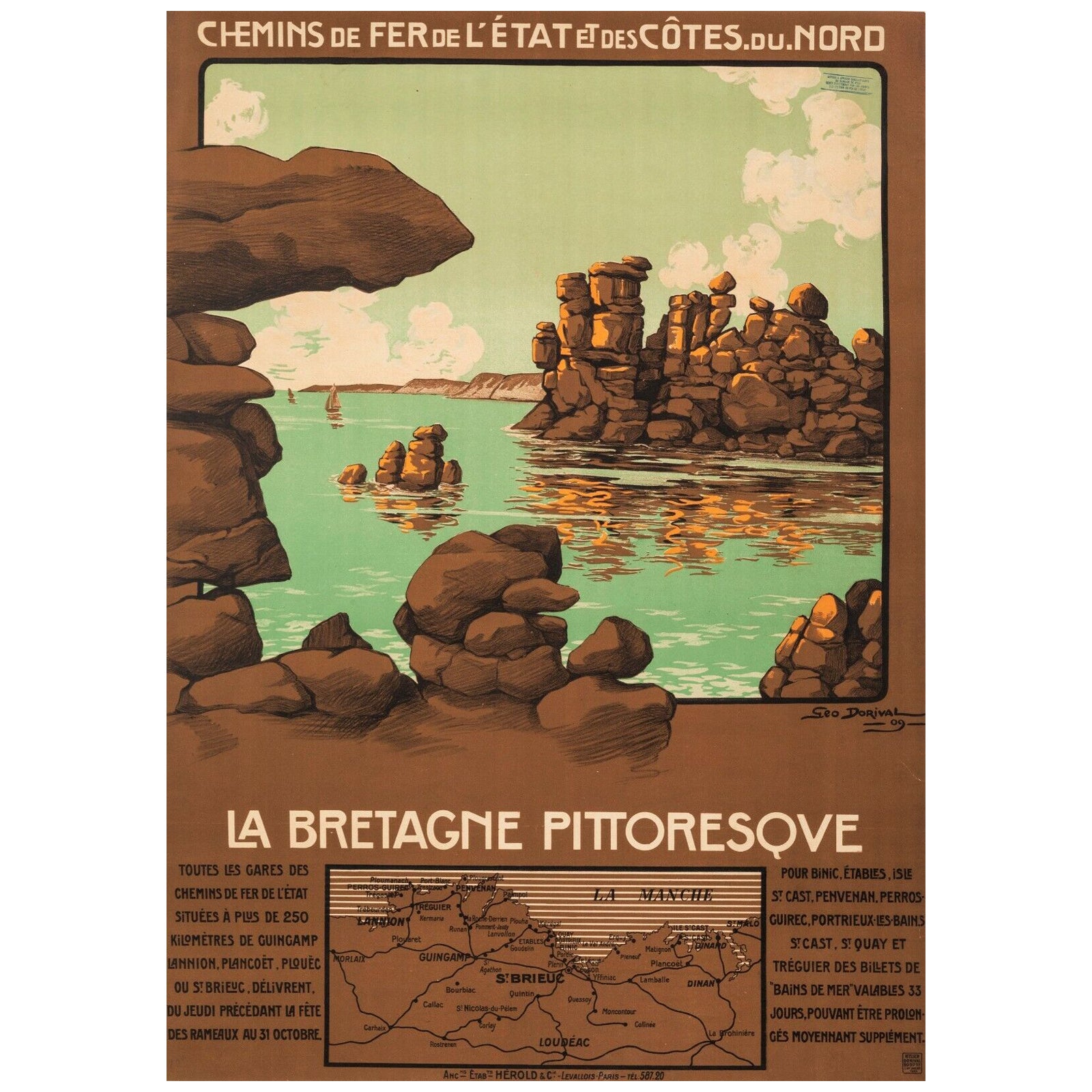 Poster di viaggio originale francese d'epoca-Geo Dorival-Bretagne-Saint Malo, 1909