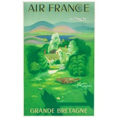 Affiche rétro originale, Lucien Boucher, Air France, Grande-Bretagne, pont de la Tour, 1951