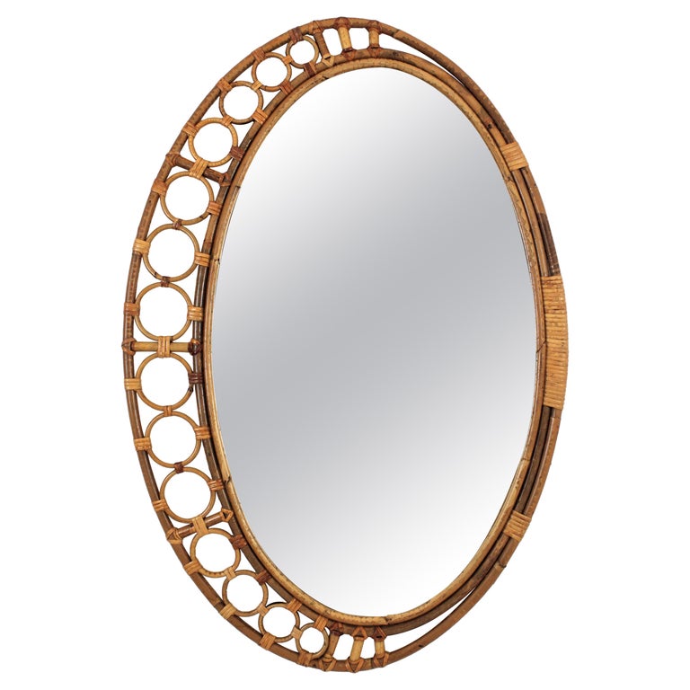 Rattan Bamboo Oval Mirror For Sale at 1stDibs