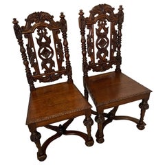 Superb Quality Pair of Antique Victorian Carved Oak Hall Chairs