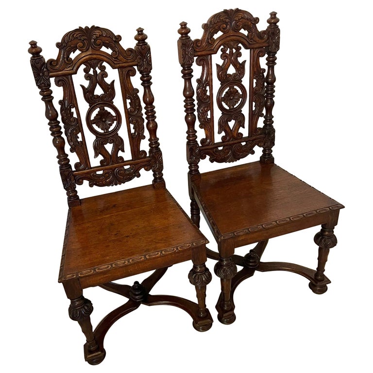 Superb Quality Pair of Antique Victorian Carved Oak Hall Chairs For