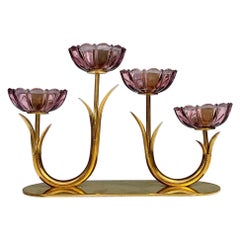 Gunnar Ander Flower Candelabra Brass & Glass Ystad Metall Sweden 1950s