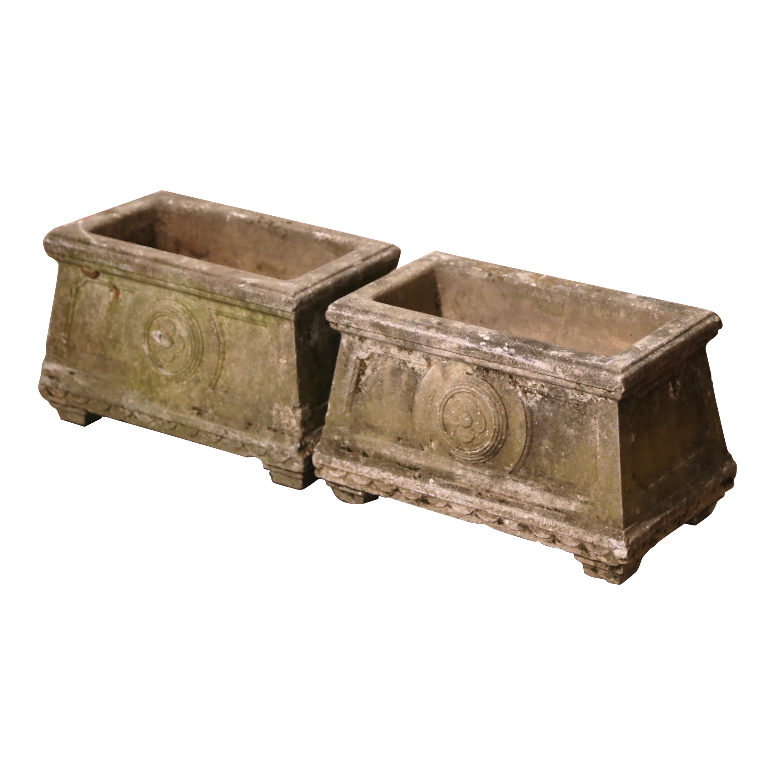 Pair of 19th Century French Weathered Verdigris Carved Outdoor Stone Planters For Sale