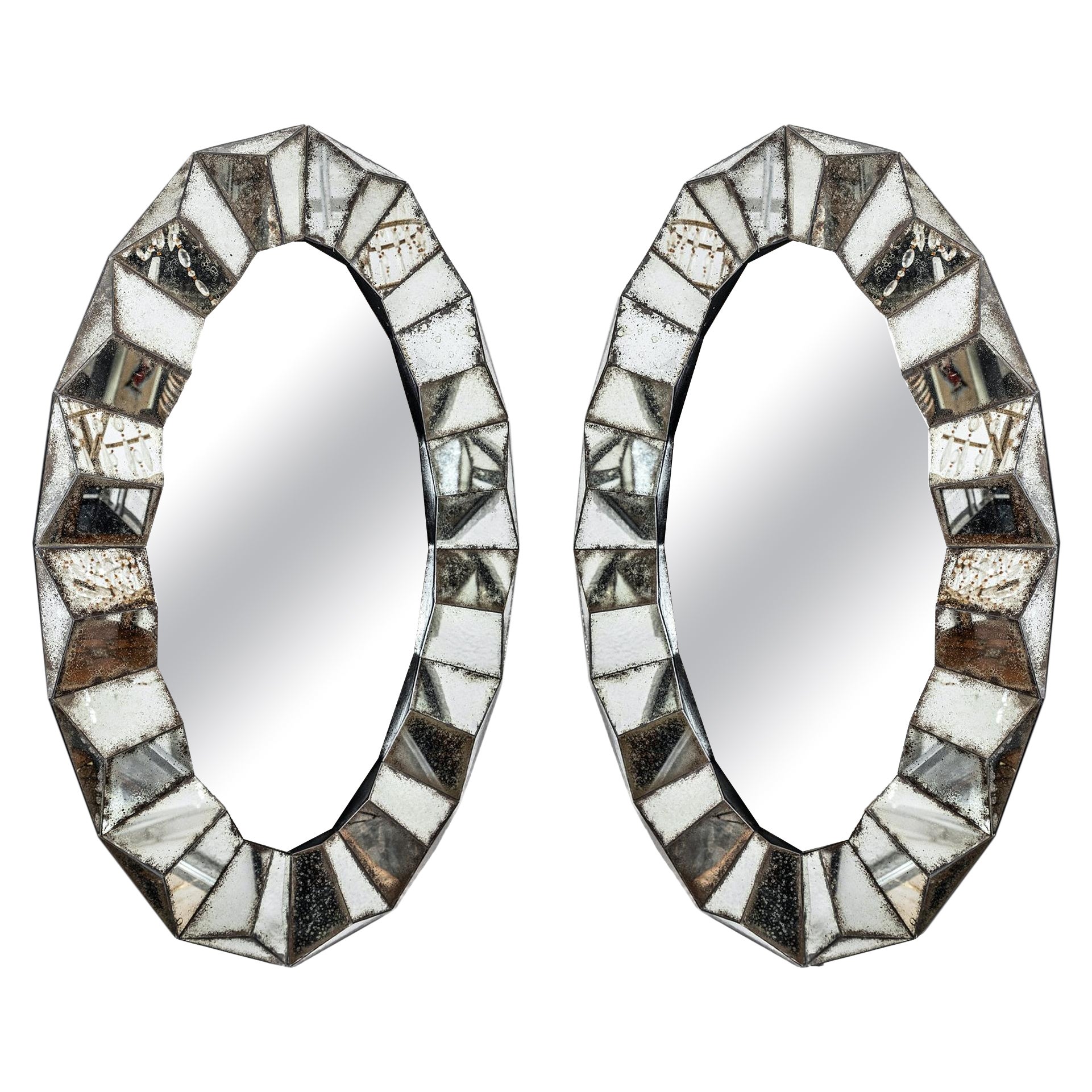 Pair of French Mid-Century Faceted Mercury Glass Mirrors For Sale