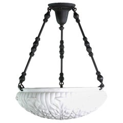 1910s Milk Glass Dish Pendant Light w/ Foliage Details