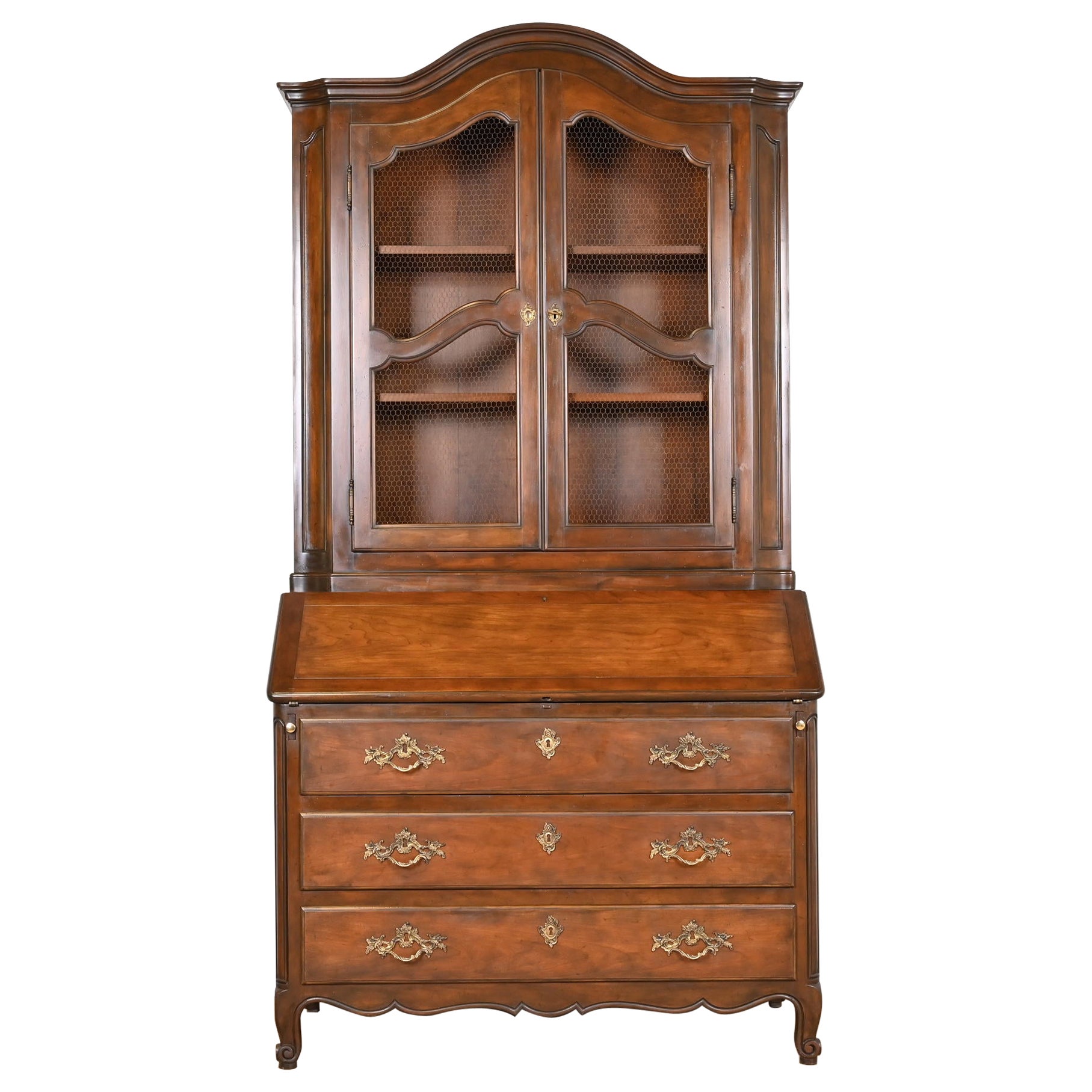 Baker Furniture French Provincial Walnut Secretary Desk With Bookcase Hutch For Sale