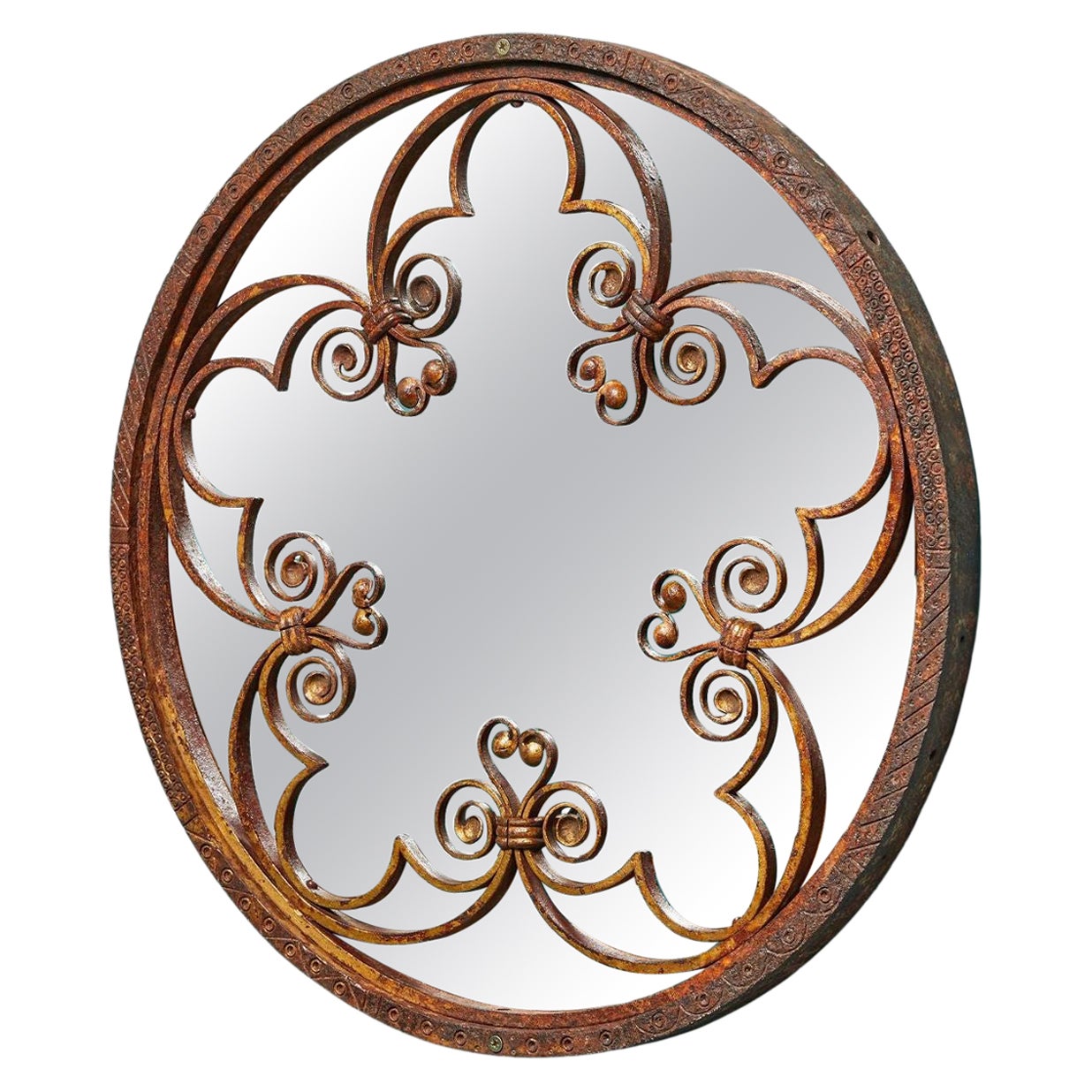 Antique Wrought Iron Mirror with Ornate Patterning For Sale