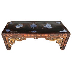  19th Century antique Chinese Tea Table  Lacquered with Porcelain inclusions