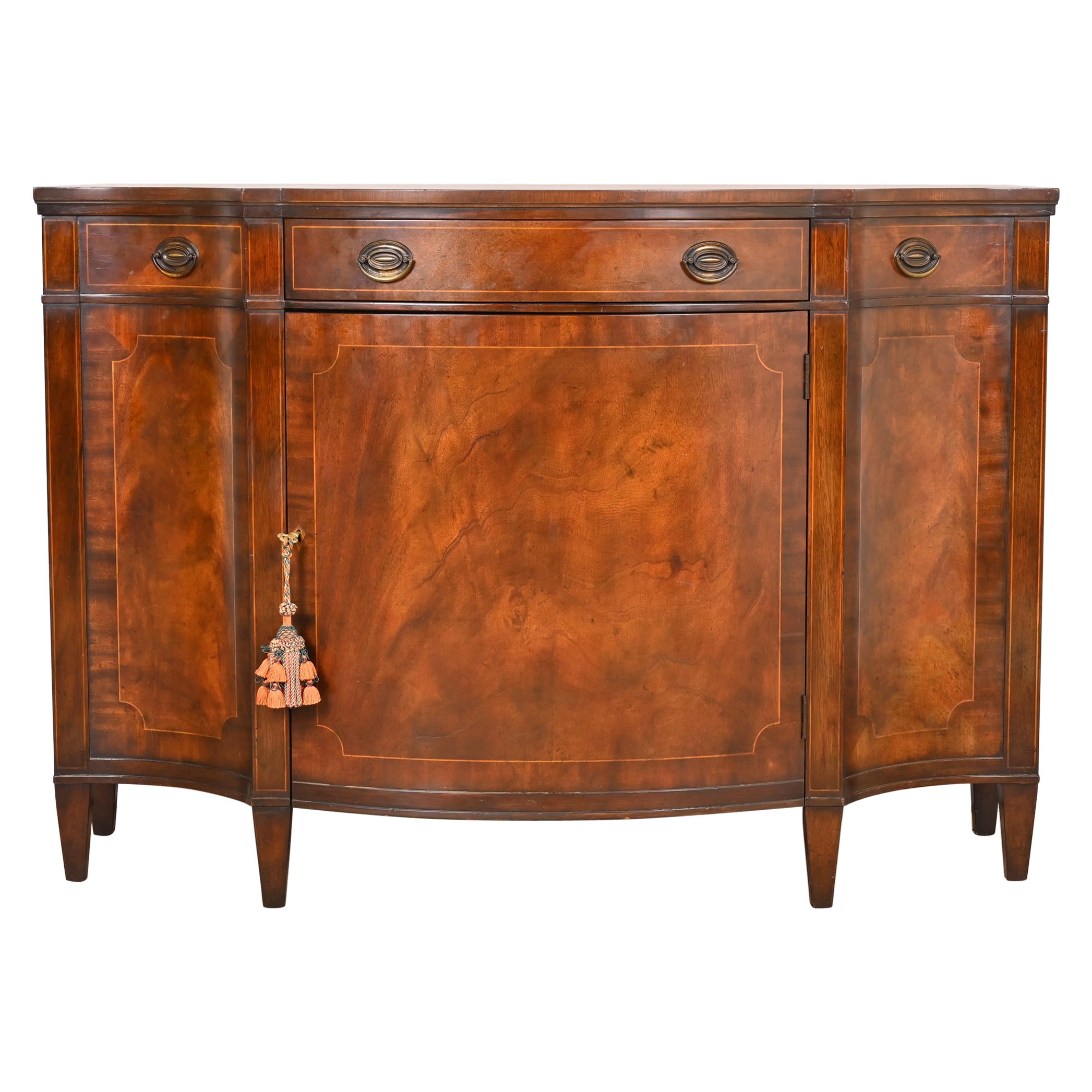 Baker Antique Flame Mahogany Inlaid Serpentine Sideboard Buffet