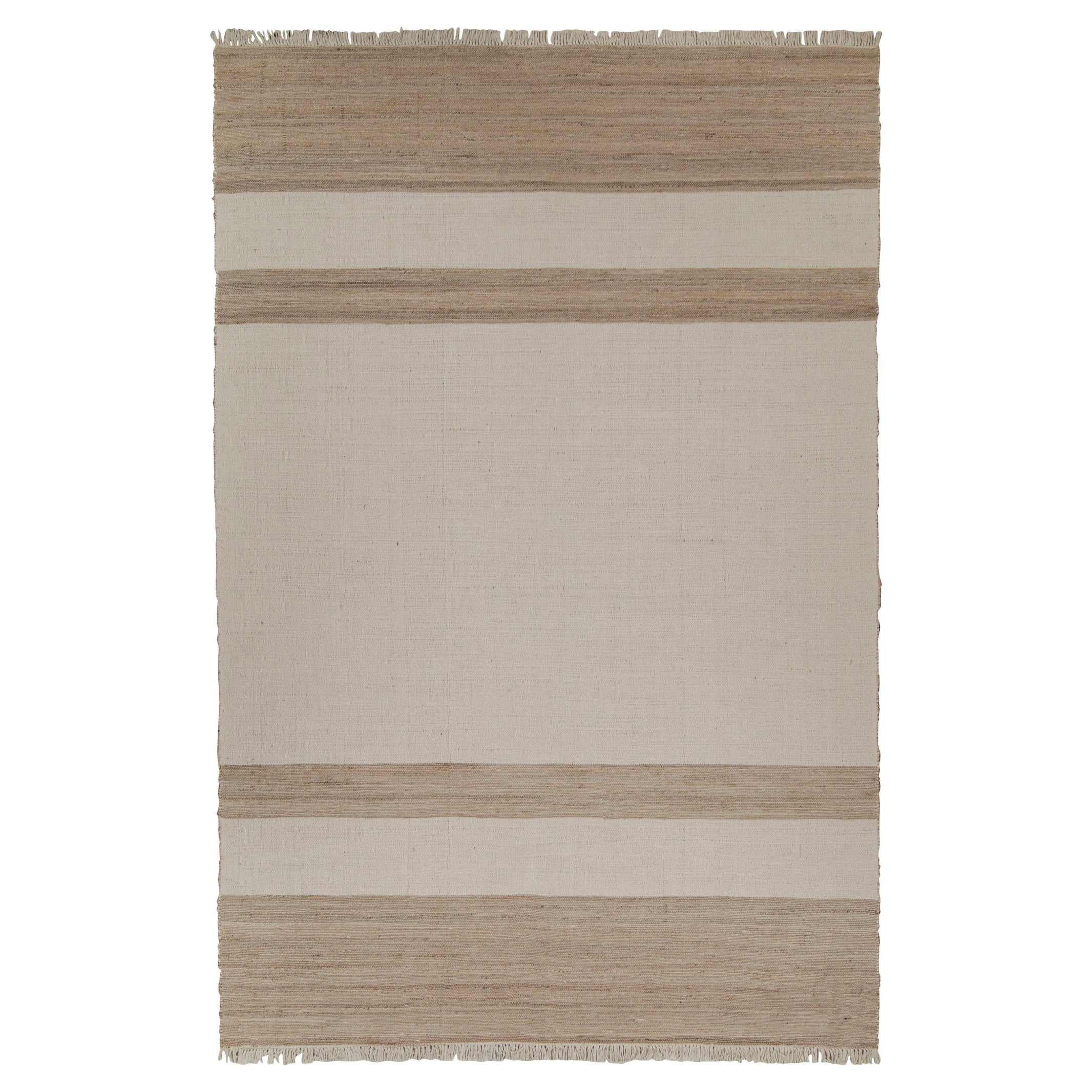 Kilim contemporain en jute à rayures blanches et beige-brun de Rug & Kilim