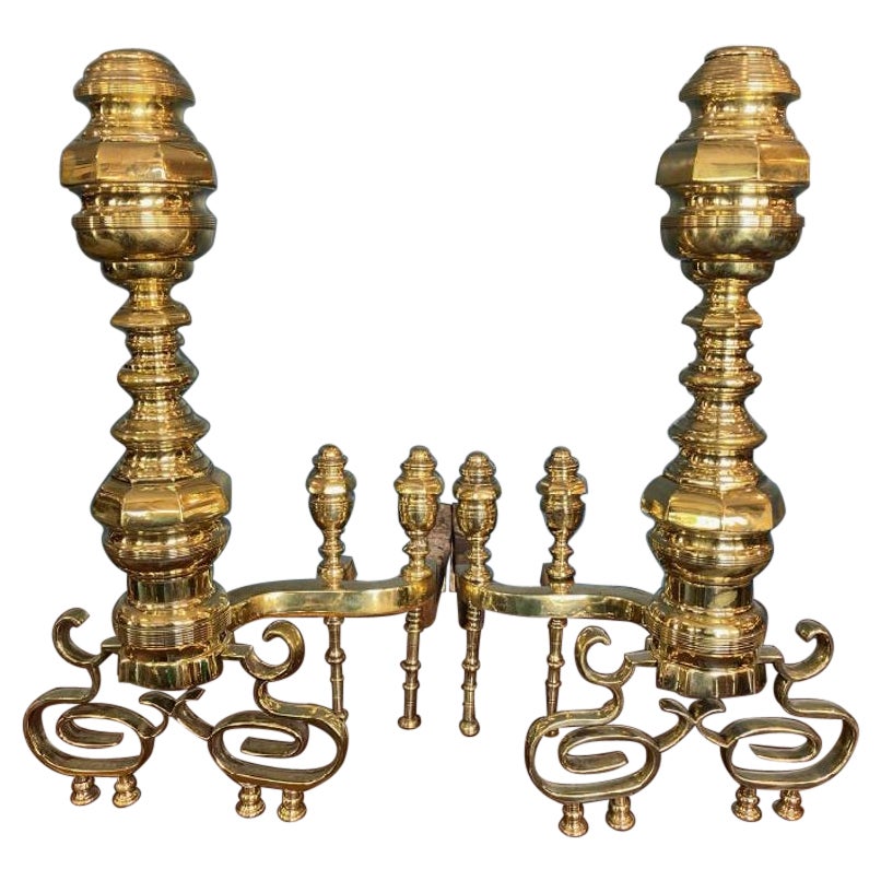19th Century Heavy Brass Scrolled Andirons