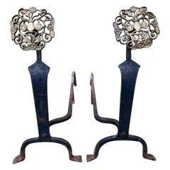 Late 18th Century Bronze & Wrought Iron Hand Forged Andirons
