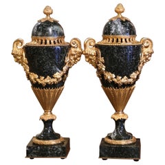 Antique Pair of 19th Century French Carved Marble and Bronze Dore Cassolettes Vases