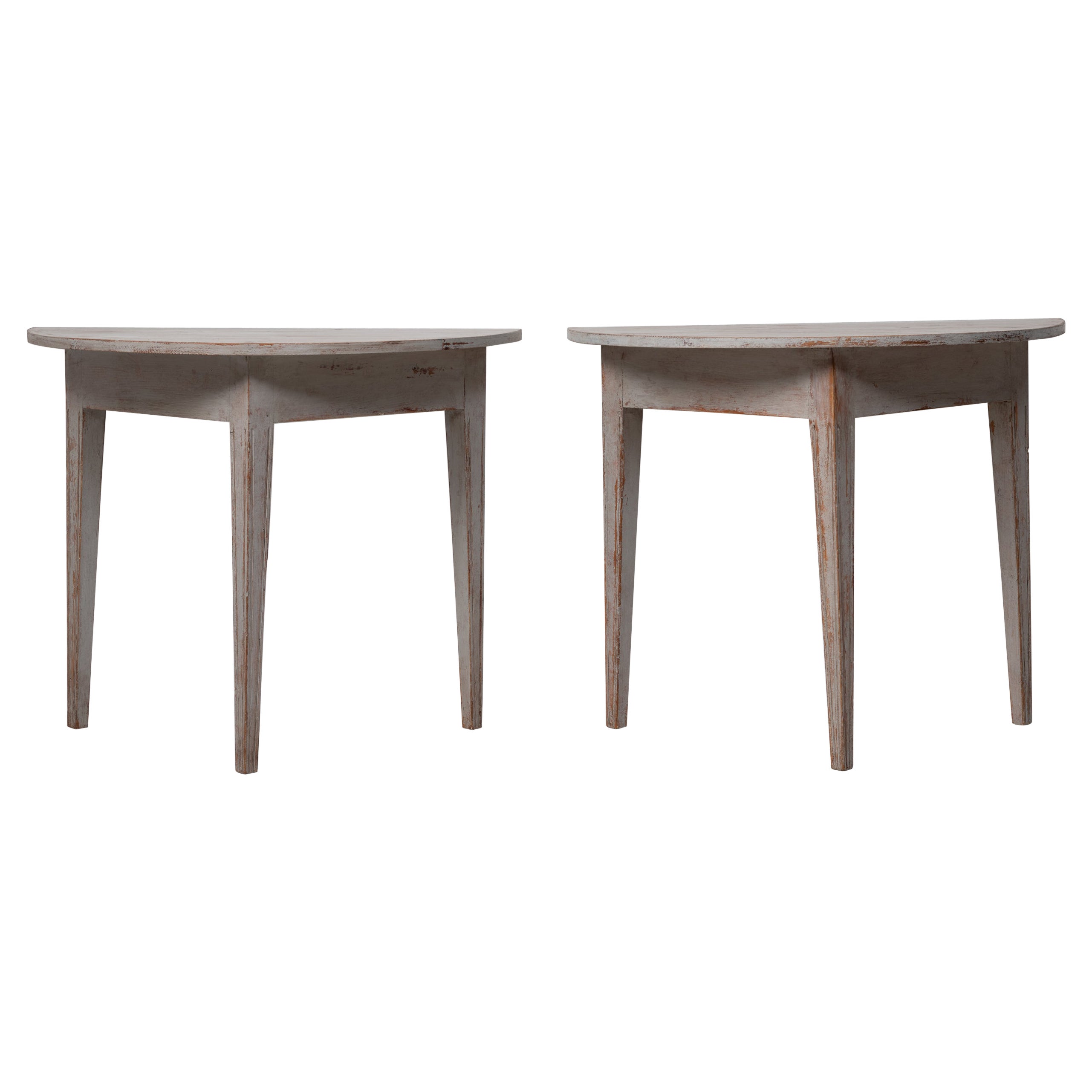 Pair of Swedish Gustavian Grey Demi Lune Tables For Sale
