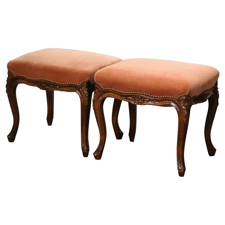 Pair of MidCentury French Louis XV Carved Walnut Stools with Velvet