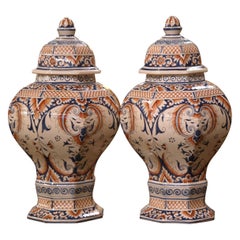 Pair of 19th Century French Desvres Hand Painted Faience Ginger Jars