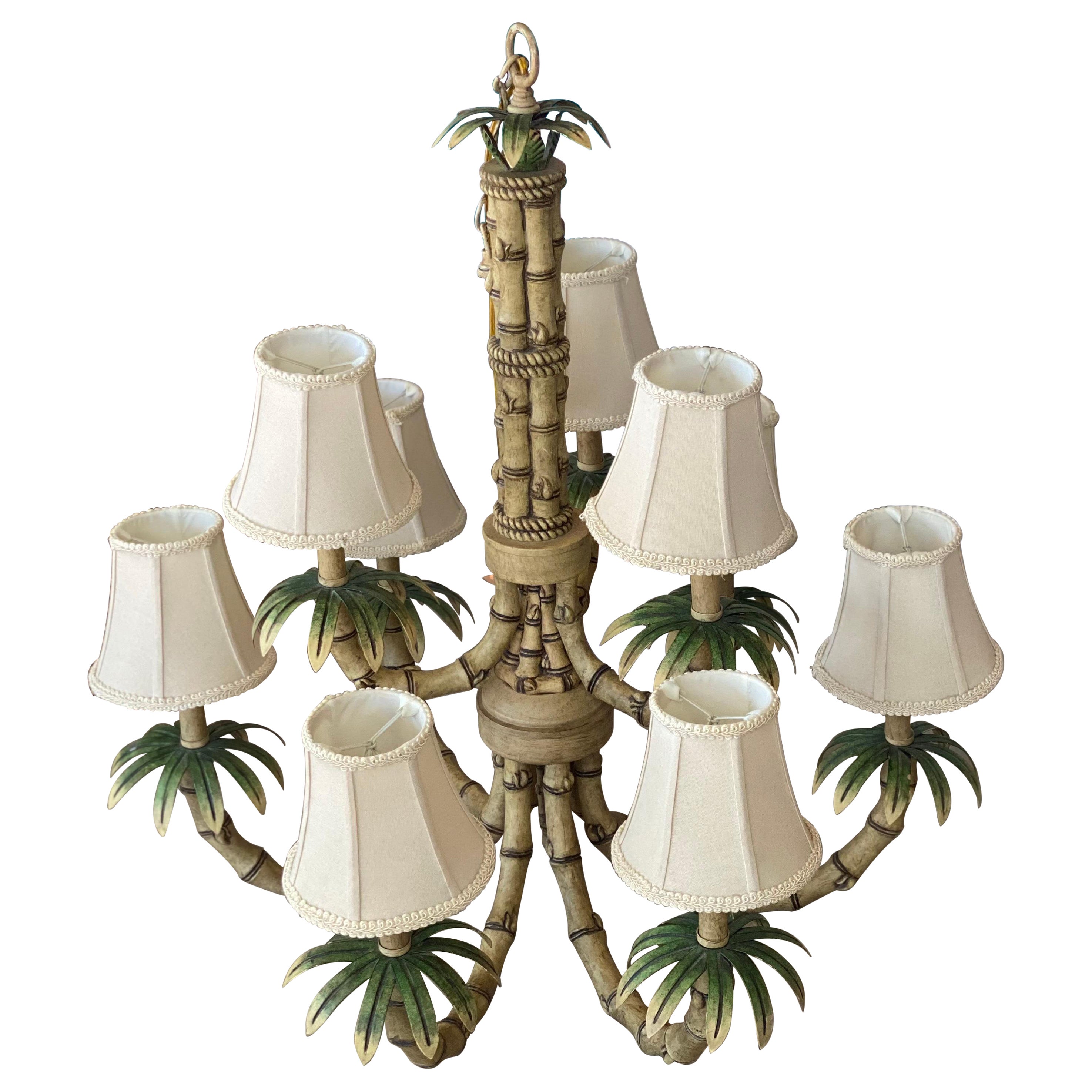 Vintage 9 Light Tropical Palm Tree Faux Bamboo Metal Tole Chandelier & Shades For Sale