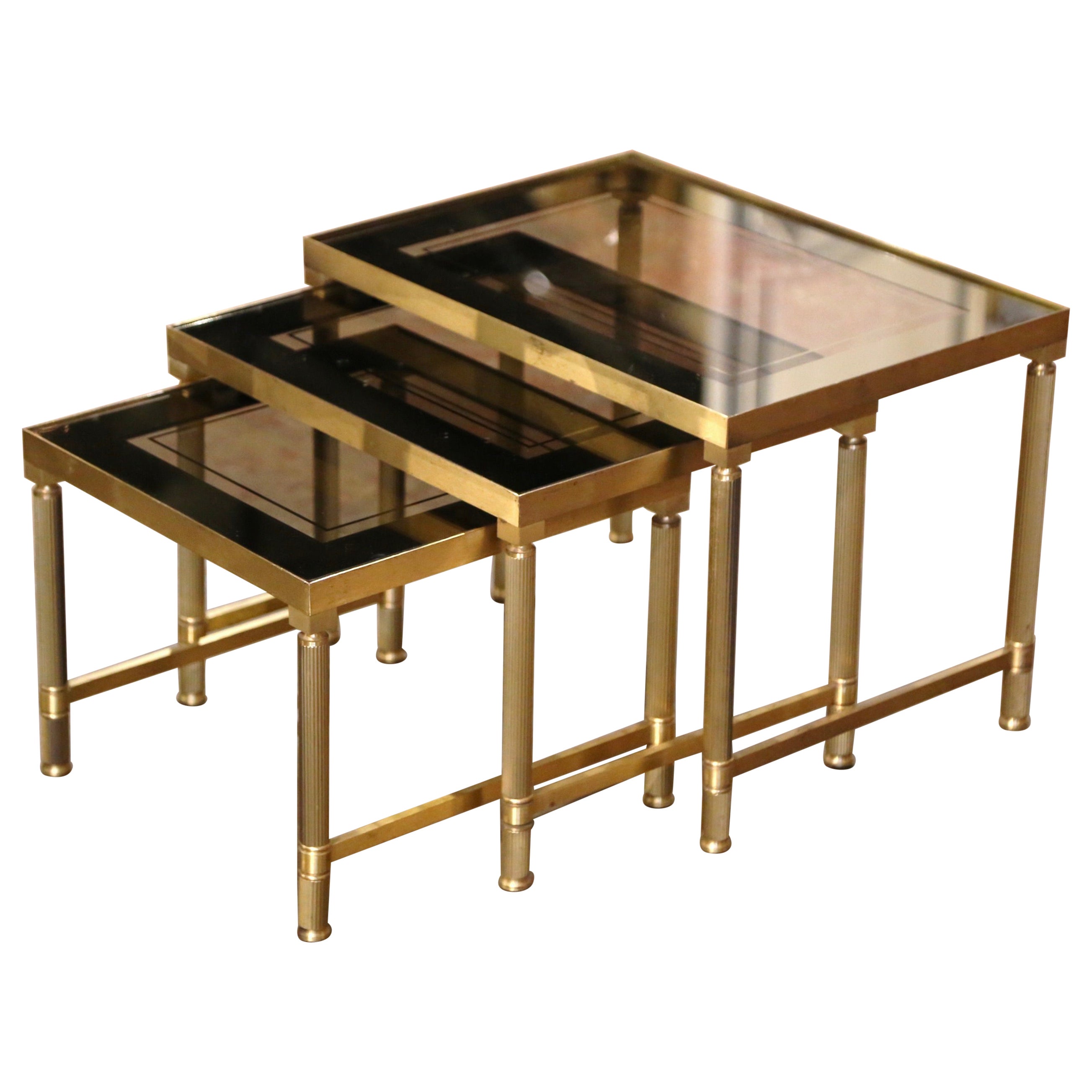 Set of Three Mid-Century French Brass & Glass Nesting Tables Bagues Style For Sale