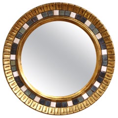 Mid-20th Century French Carved Gilt Wood and Tile Round Sunburst Mirror