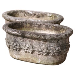 Pair of 19th Century French Carved Stone Planters with Floral Decor
