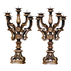 Pair of Mid-Century Italian Carved Giltwood and Painted Five-Arm Candlesticks