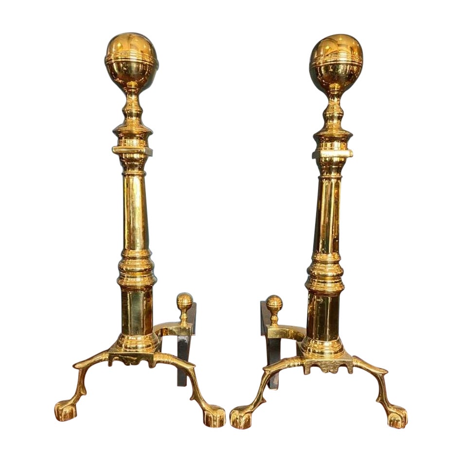 Pair of Mid 20th Century Virginia Metalcrafters Brass Andirons with Paw Feet