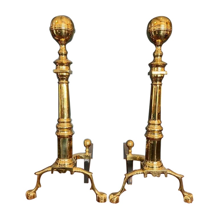 Pair of Mid 20th Century Virginia Metalcrafters Brass Andirons with Paw  Feet For Sale at 1stDibs