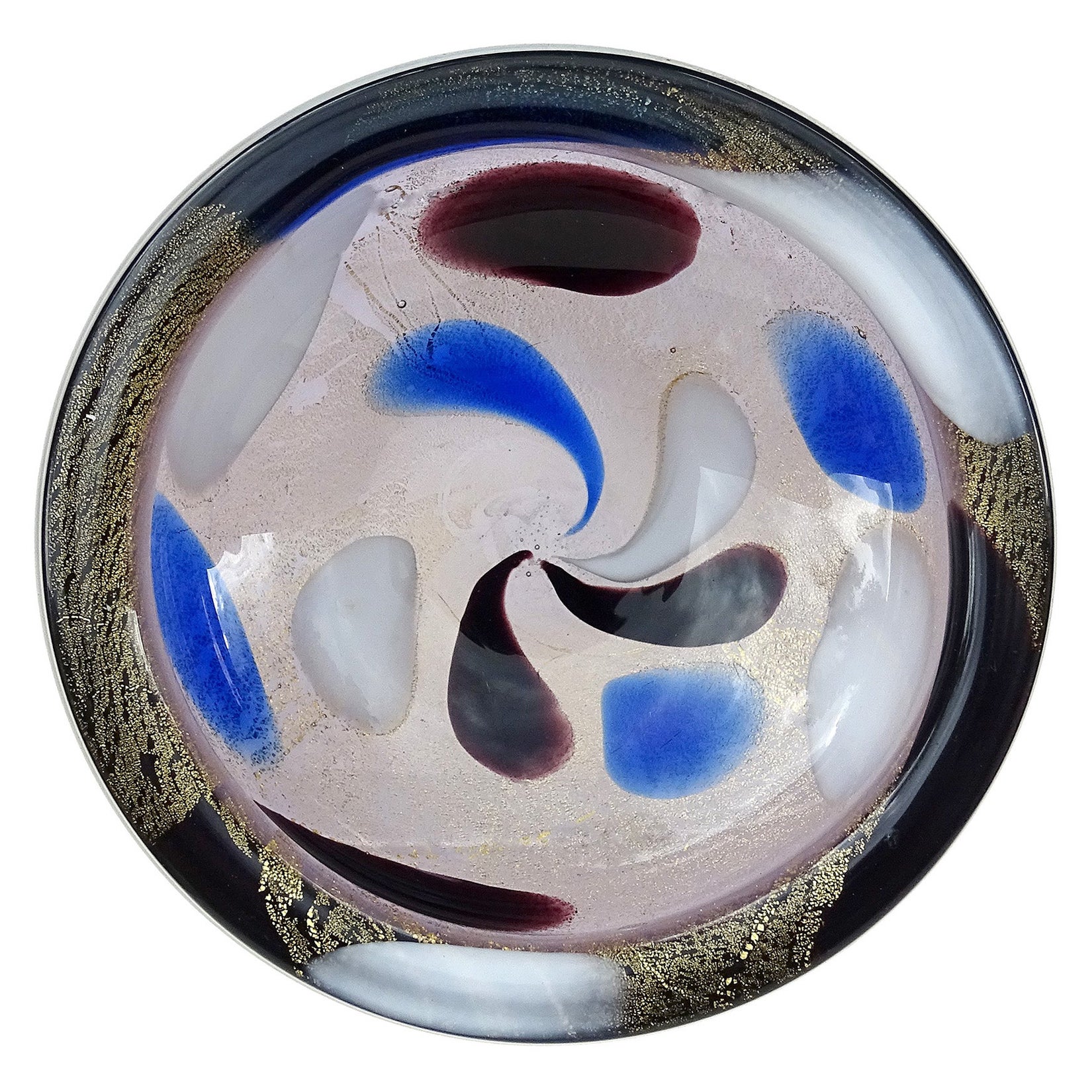 Bol en verre d'art italien de Murano vintage à mouchetures dorées, bleu, violet, noir et blanc