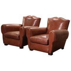 Pair of Early 20th Century French Tan Leather Club Armchairs "Moustache Syle"