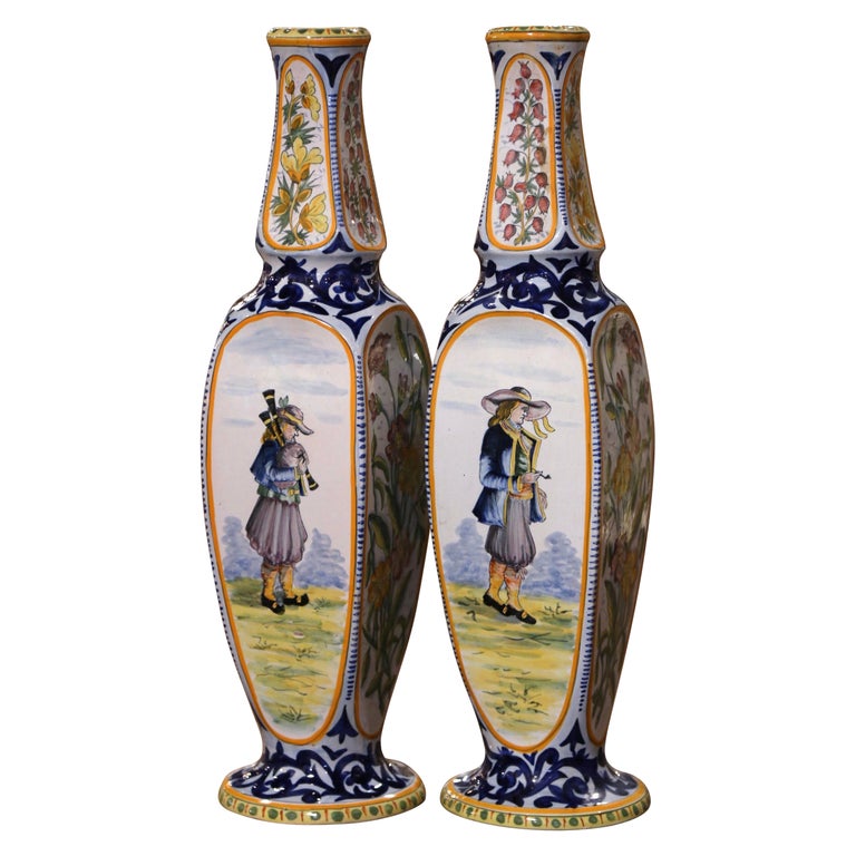 Pair of Early 20th Century French Hand Painted Faience HB Quimper Vases