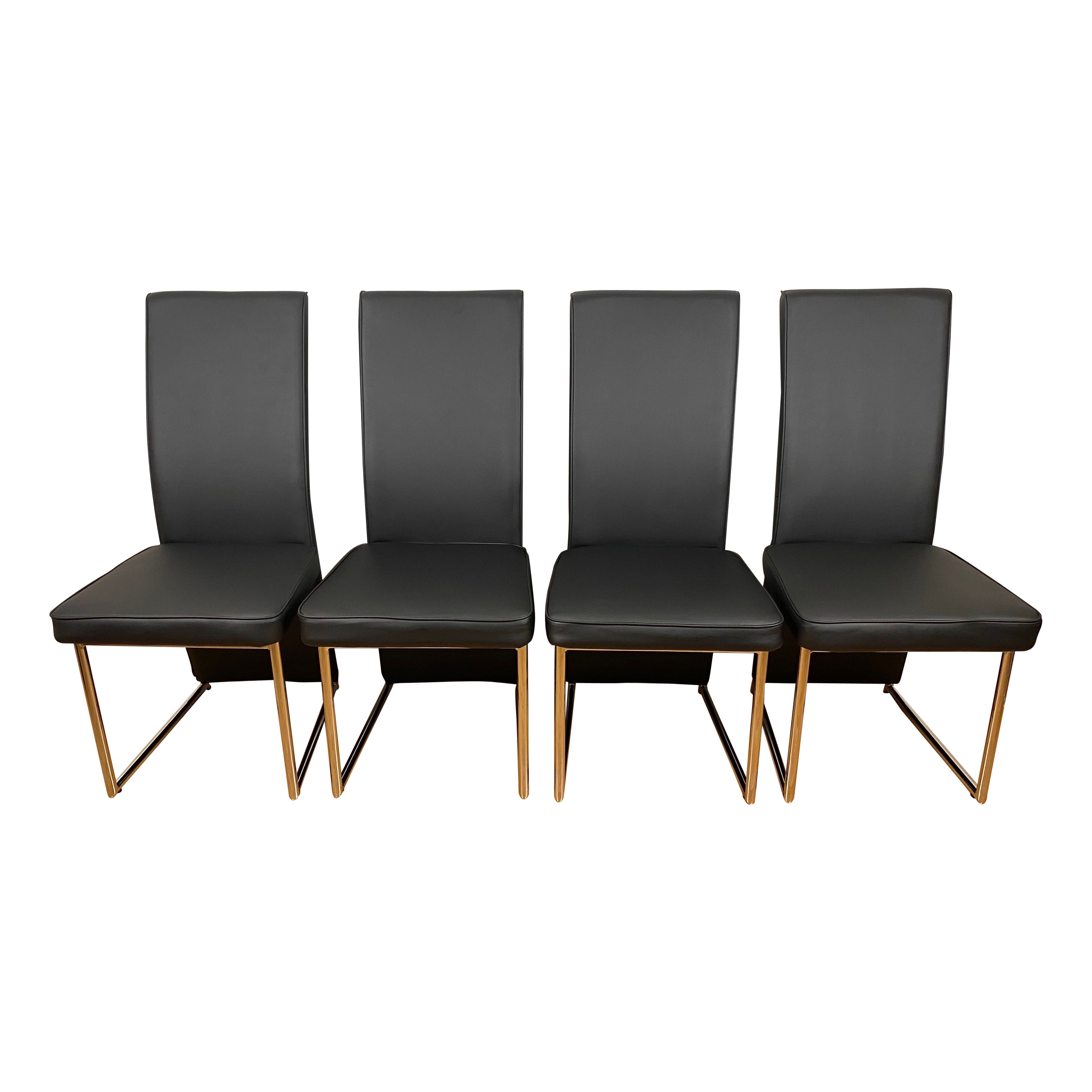 Ensemble de 4 chaises de salle à manger de style Baughman en chrome fin et faux cuir noir