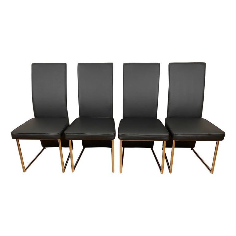 Set of 4 Baughman Style Thin Line Chrome and Black Faux Leather Dining
