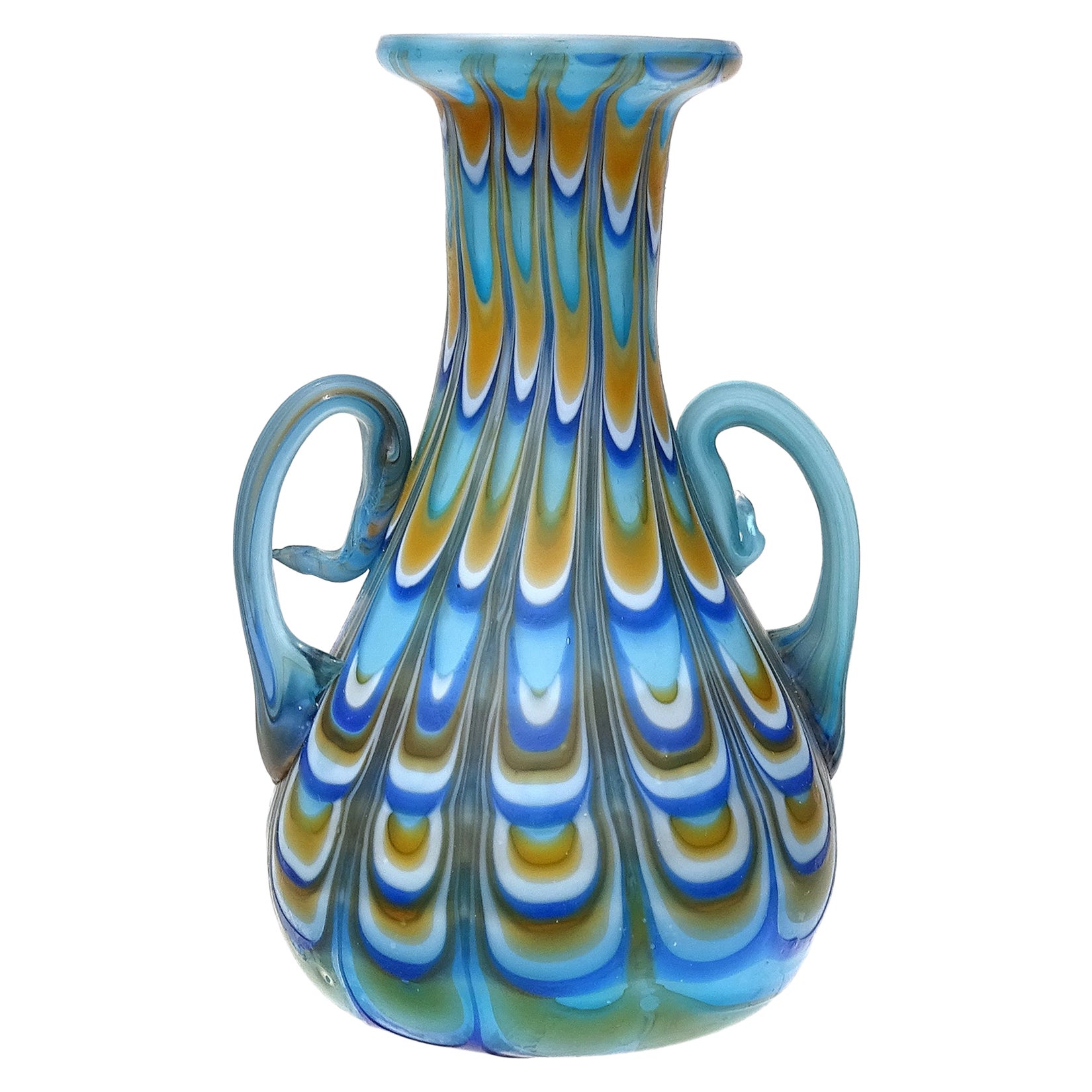 Fratelli Toso Murano Antique Fenicio Blue Orange White Italian Art Glass Vase For Sale