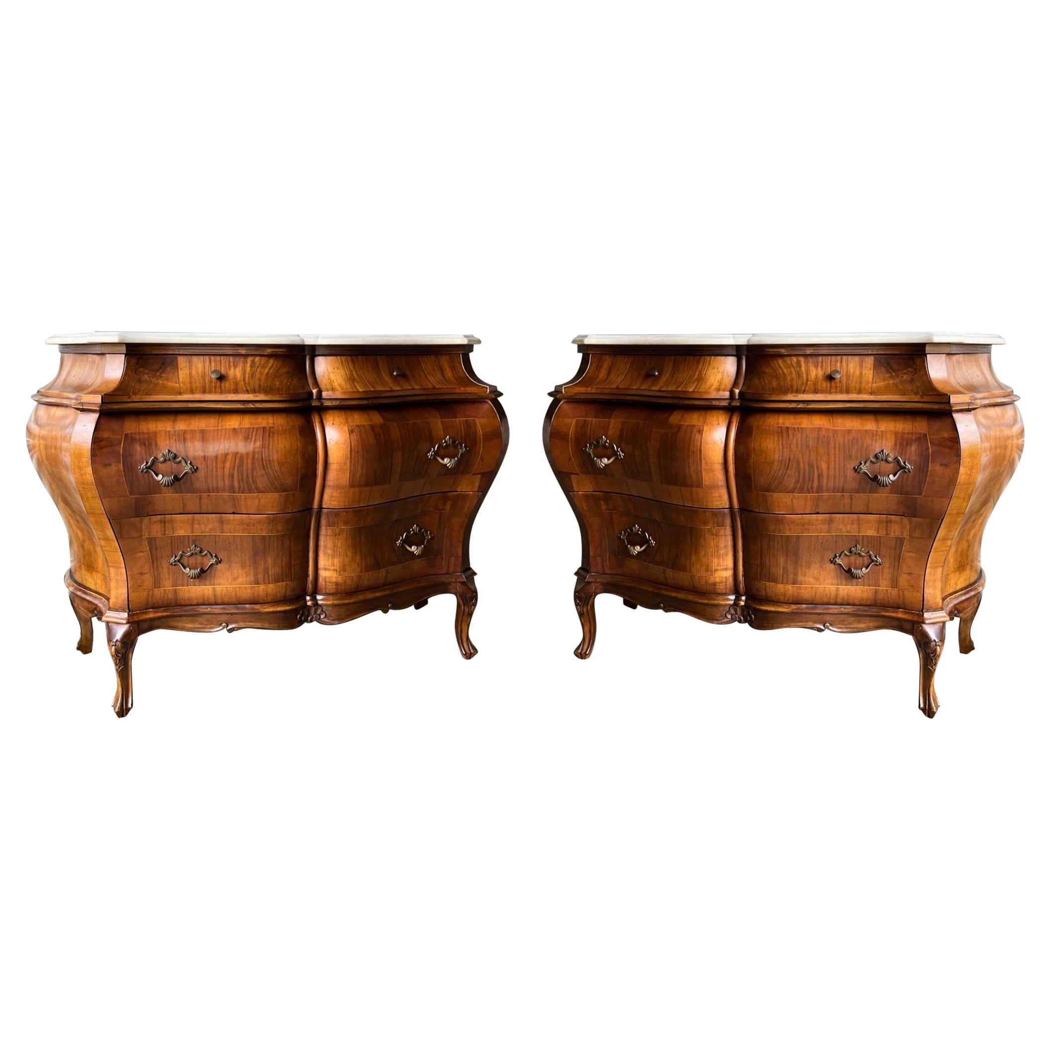 1950S Italian Burl Walnut Inlaid French Louis XV Style Marble Top Chests, Pair