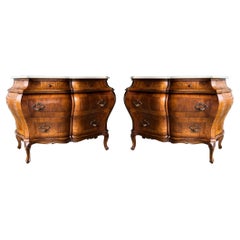 1950S Italian Burl Walnut Inlaid French Louis XV Style Marble Top Chests, Pair