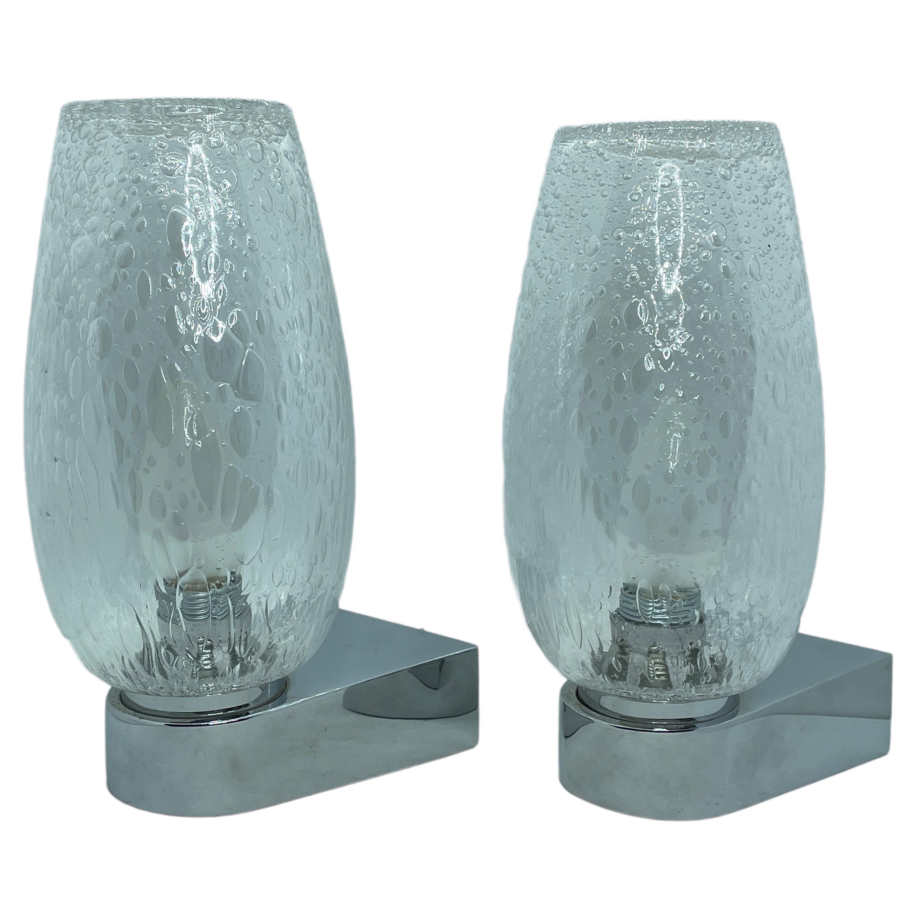 Pair of 1970s German Bubble Glass and Chrome Sconces, Vintage Mid-Century Modern For Sale